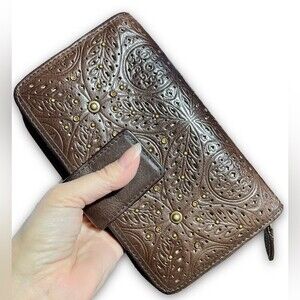 Vintage Brown Leather Wallet Hand Tooled Cut Outs Embellished Tons of slots!
